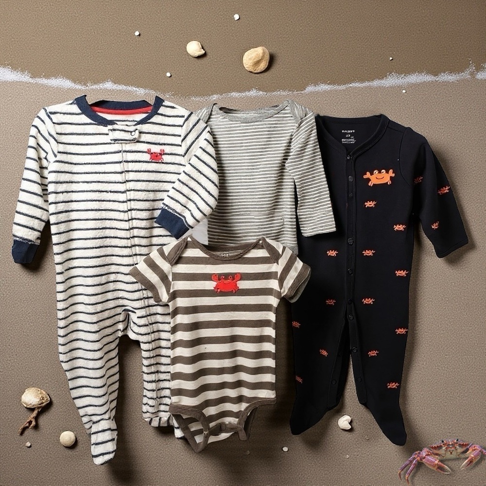 Crabby Themed Footies and Onesies; 4 Pieces - Size:9 Month, Baby Boy Bundle